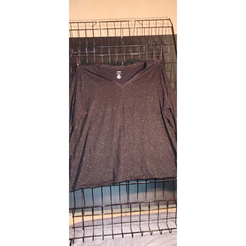 Women's Black Glitter Speckled V-Neck Long Sleeve Knit Pullover Top-4XL